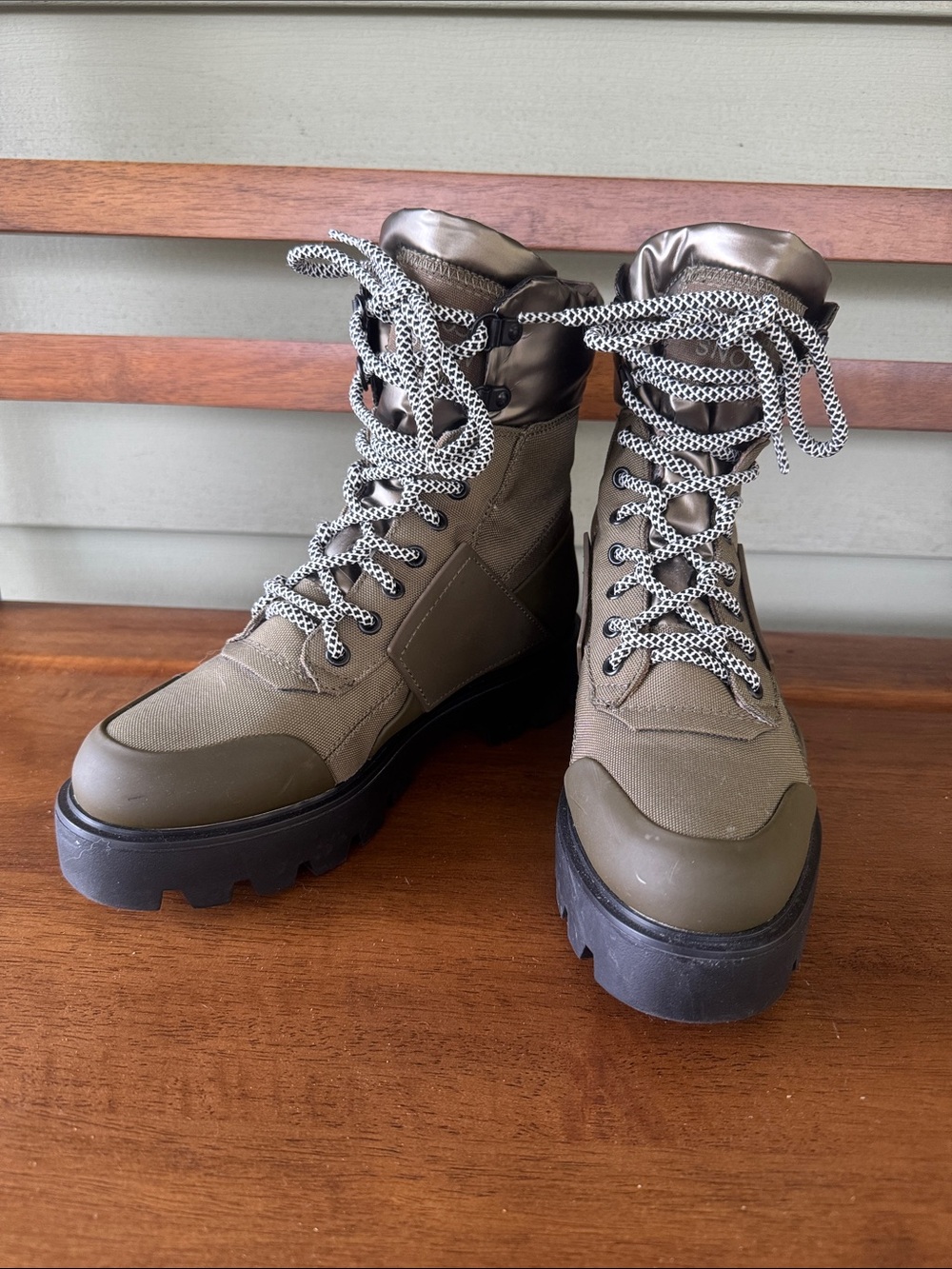 Franco Sarto Snow Women's Olive Lace-Up Combat Boots with Chunky Sole - Size 6